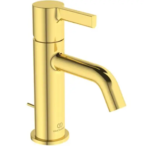 Goldene Waschtischarmatur mit seitlichem Hebel und abgerundetem Auslauf. Marke Ideal Standard, minimalistisches Design.